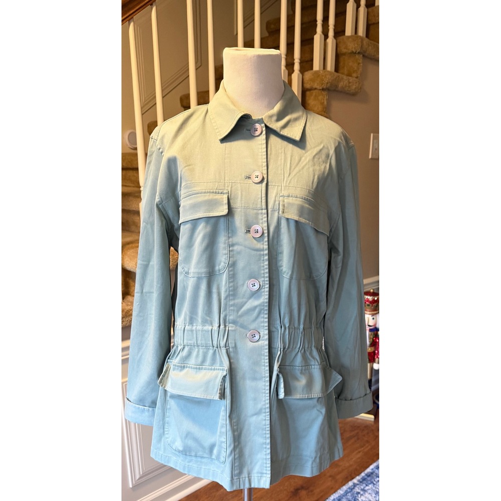 Talbots Sage Green Utility Jacket Size Med Stretch Button Front Drawstring Waist